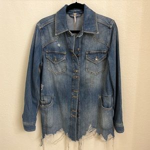 Free People Distressed Denim Button Up Jacket